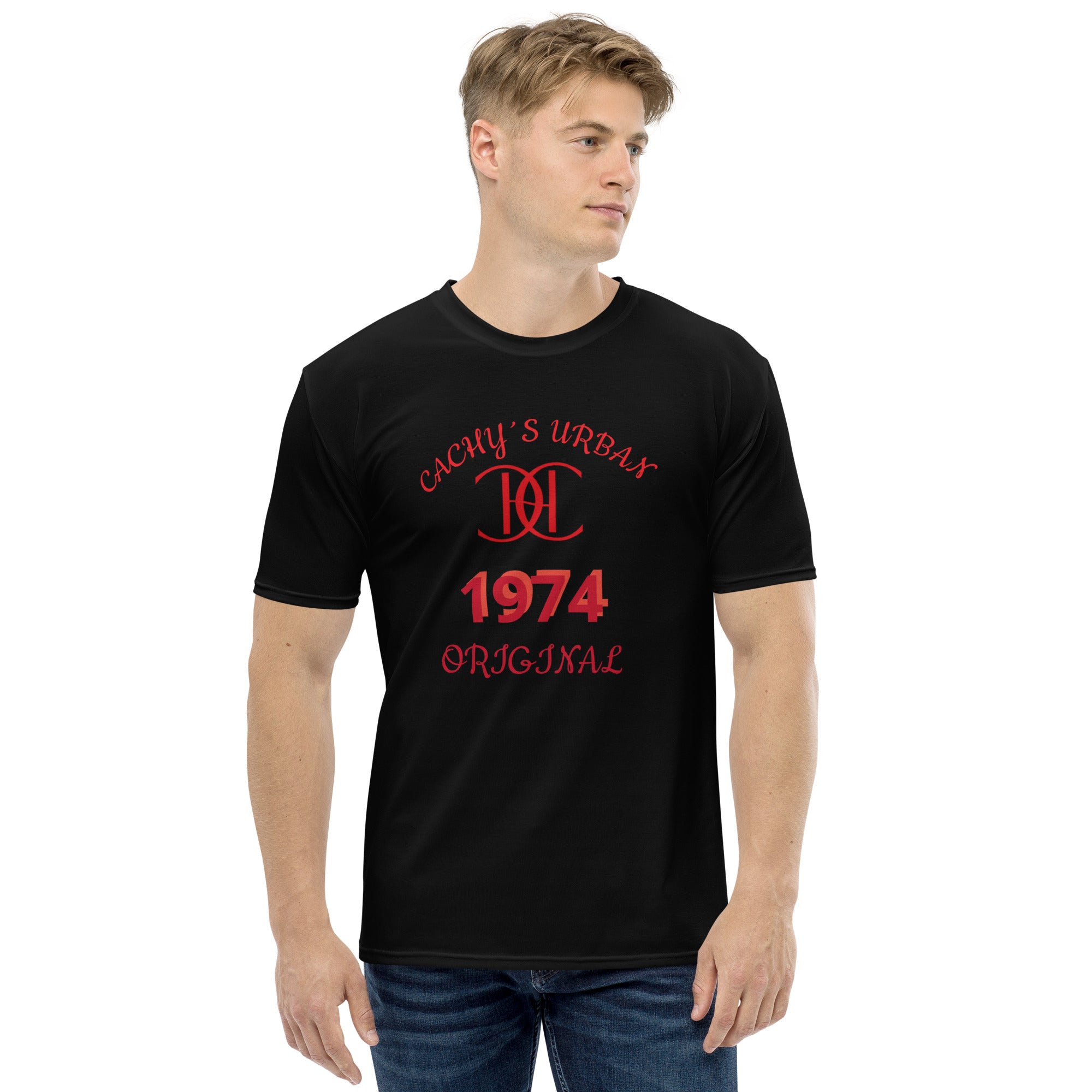 Cachy’s Urban black t-shirt with red “1974 Original” graphic and logo print