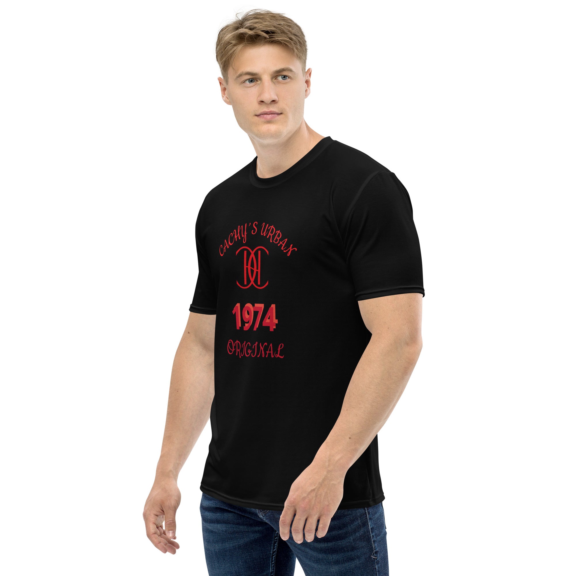 Cachy’s Urban black t-shirt with red “1974 Original” graphic and logo print