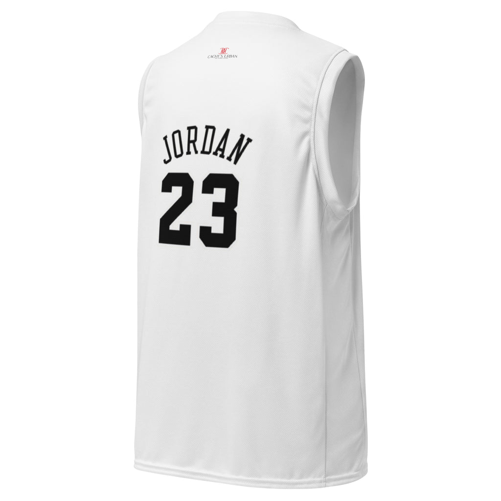 Cachy’s Urban white basketball jersey with dripping basketball graphic on the front and “Jordan 23” print on the back