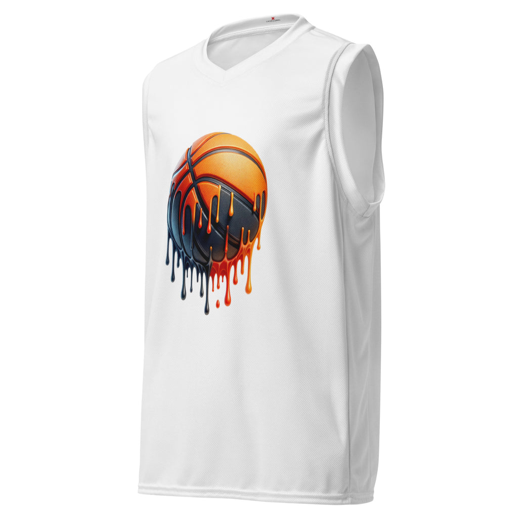 Cachy’s Urban white basketball jersey with dripping basketball graphic on the front and “Jordan 23” print on the back