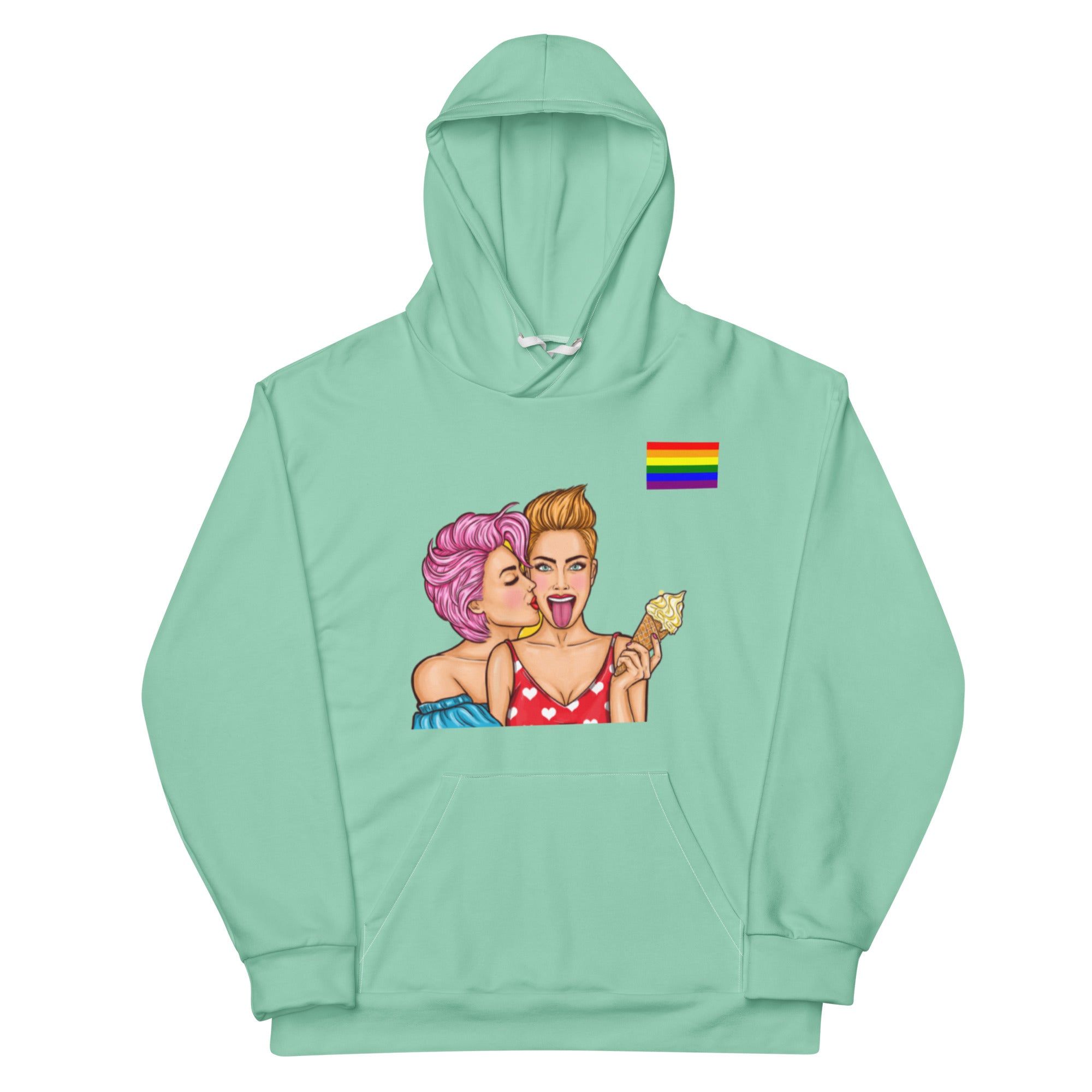 Cachy’s Urban mint green LGBTQ+ hoodie with rainbow pride flag and couple graphic print, available in multiple colours