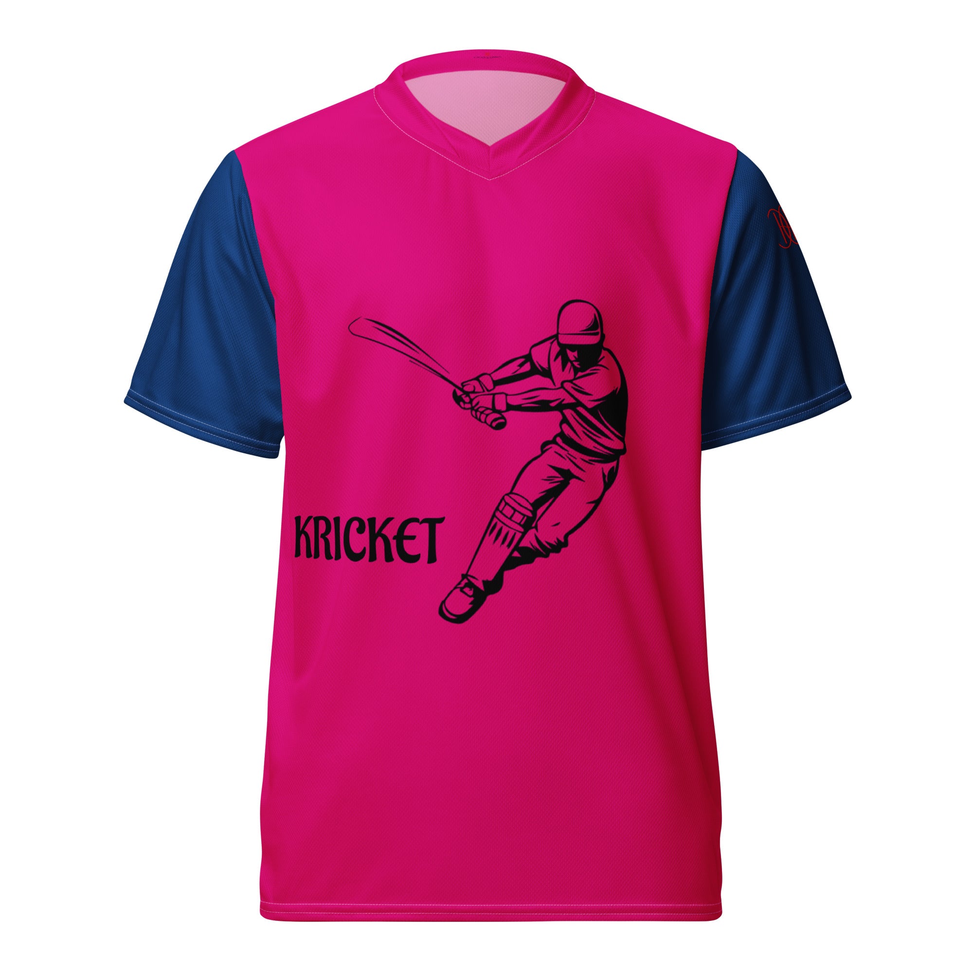 Cachy’s Urban pink and navy short-sleeve sports jersey with black cricket player graphic and “Kricket” text