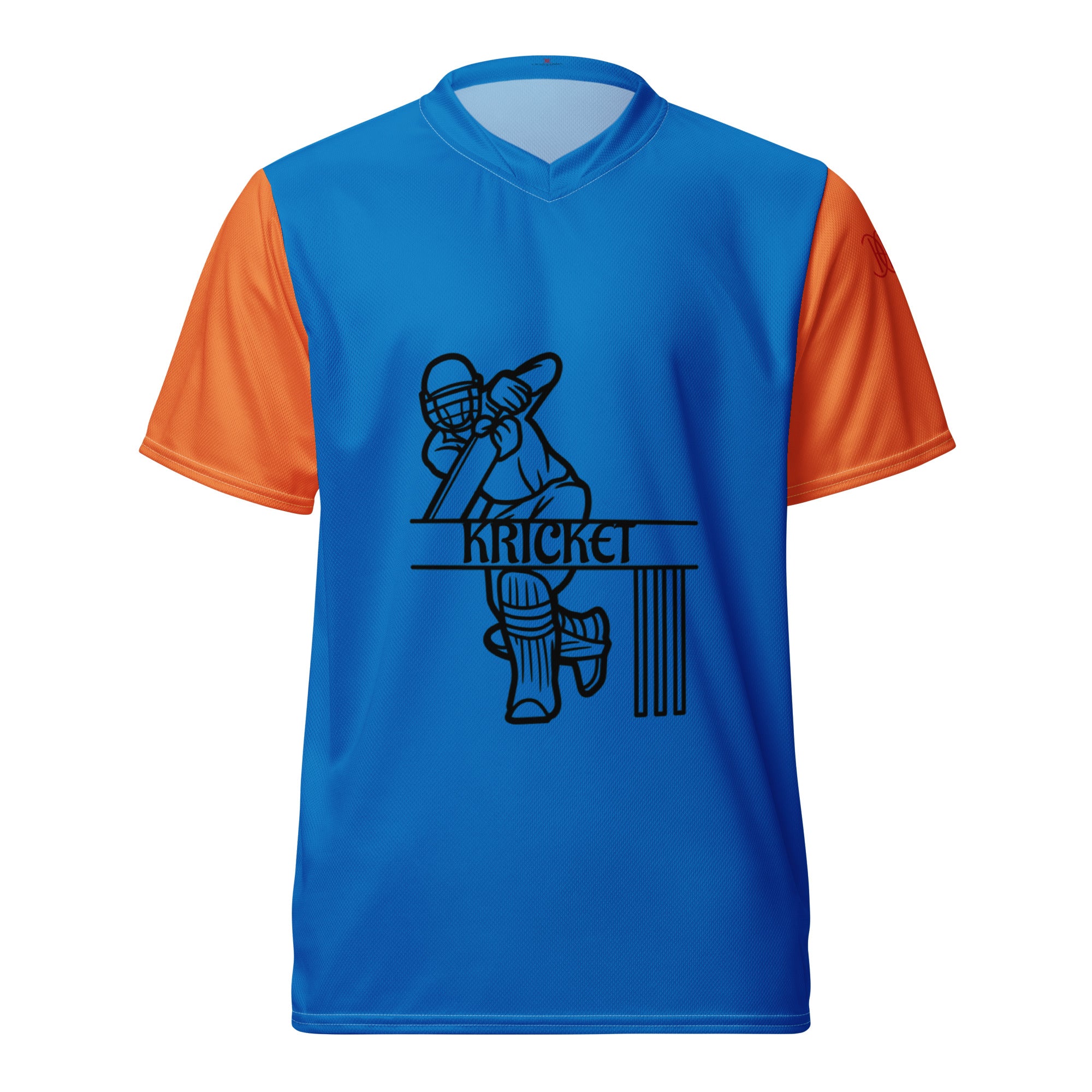 Cachy’s Urban blue and orange short-sleeve sports jersey with black cricket player graphic and “Kricket” text