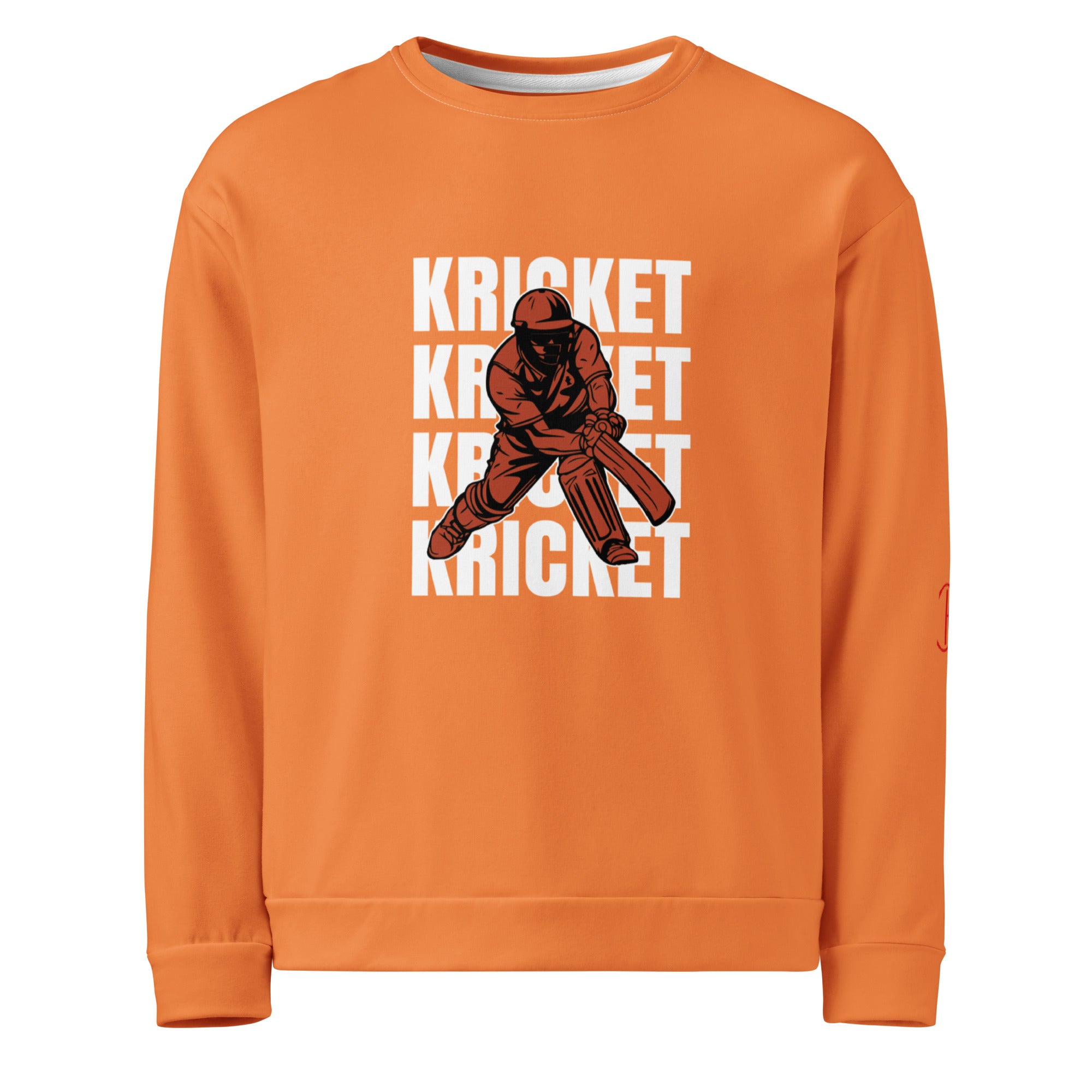 Cachy’s Urban orange sweatshirt with bold “Kricket” text repeat and cricket player graphic print