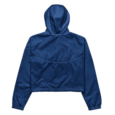 Cachy’s Urban blue cropped hooded jacket with minimalist black logo design