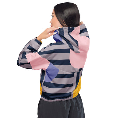 Cachy’s Urban cropped hooded jacket with bold striped and colour-block geometric design