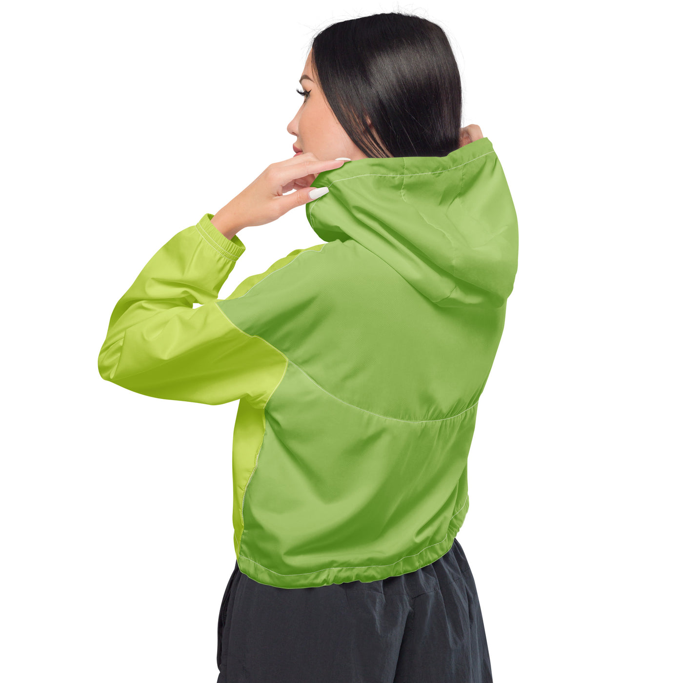 Cachy’s Urban green cropped hooded jacket with minimalist black logo design