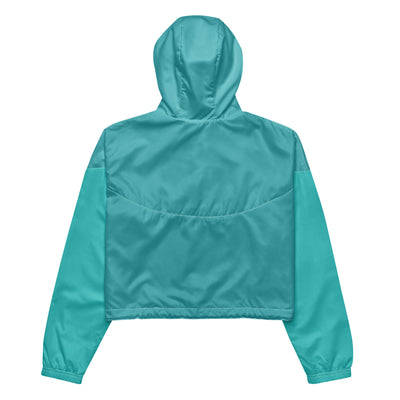 Cachy’s Urban blue cropped hooded jacket with minimalist black logo design