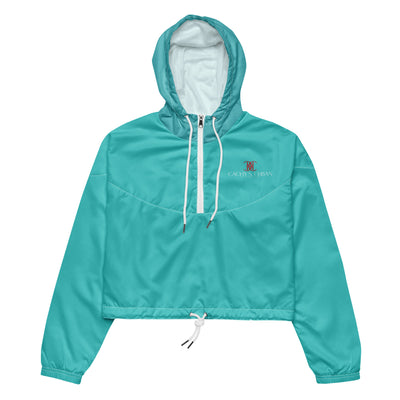 Cachy’s Urban blue cropped hooded jacket with minimalist black logo design
