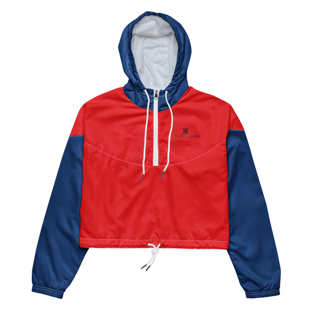 Cachy’s Urban red/blue cropped hooded jacket with minimalist black logo design
