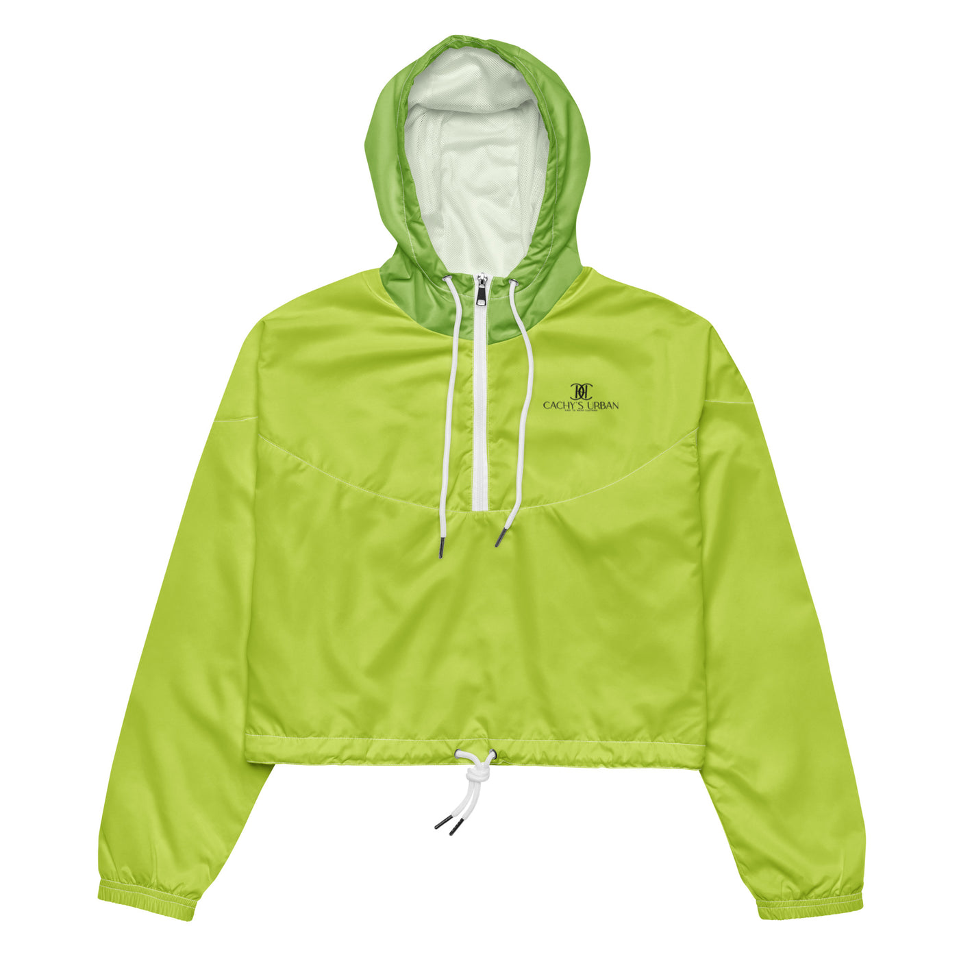 Cachy’s Urban green cropped hooded jacket with minimalist black logo design