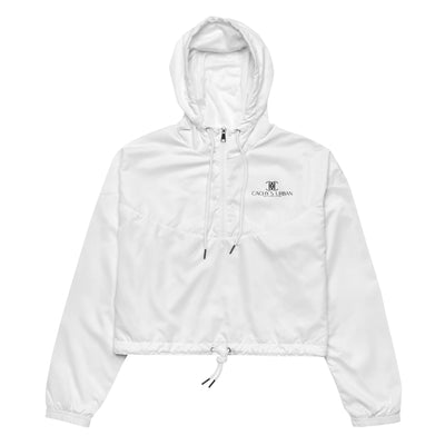 Cachy’s Urban white cropped hooded jacket with minimalist black logo design