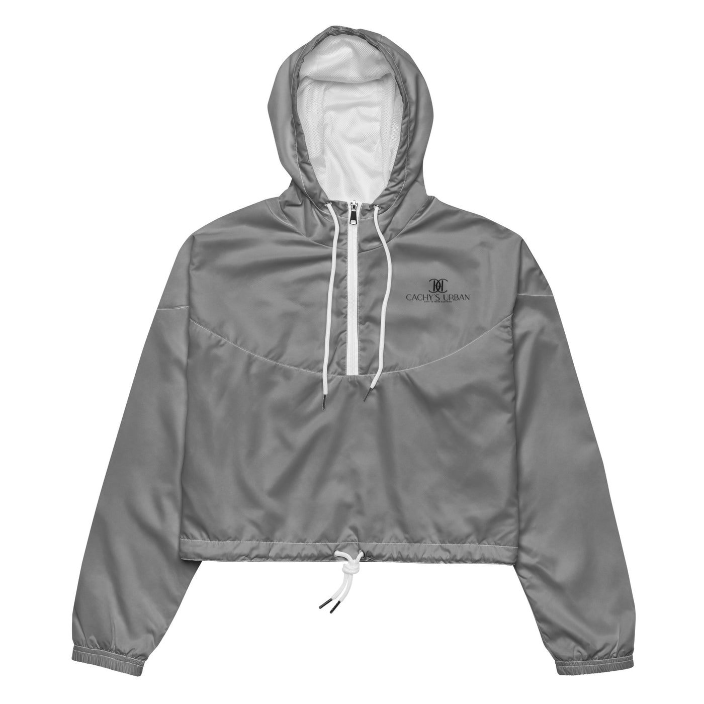 Cachy’s Urban grey cropped hooded jacket with minimalist black logo design