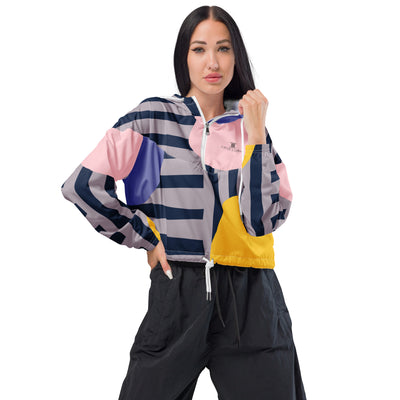 Cachy’s Urban cropped hooded jacket with bold striped and colour-block geometric design