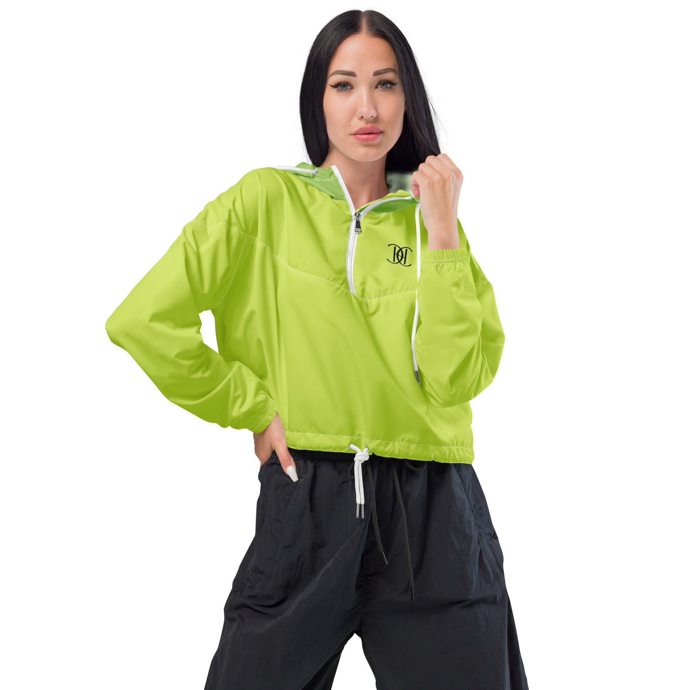 Cachy’s Urban green cropped hooded jacket with minimalist black logo design