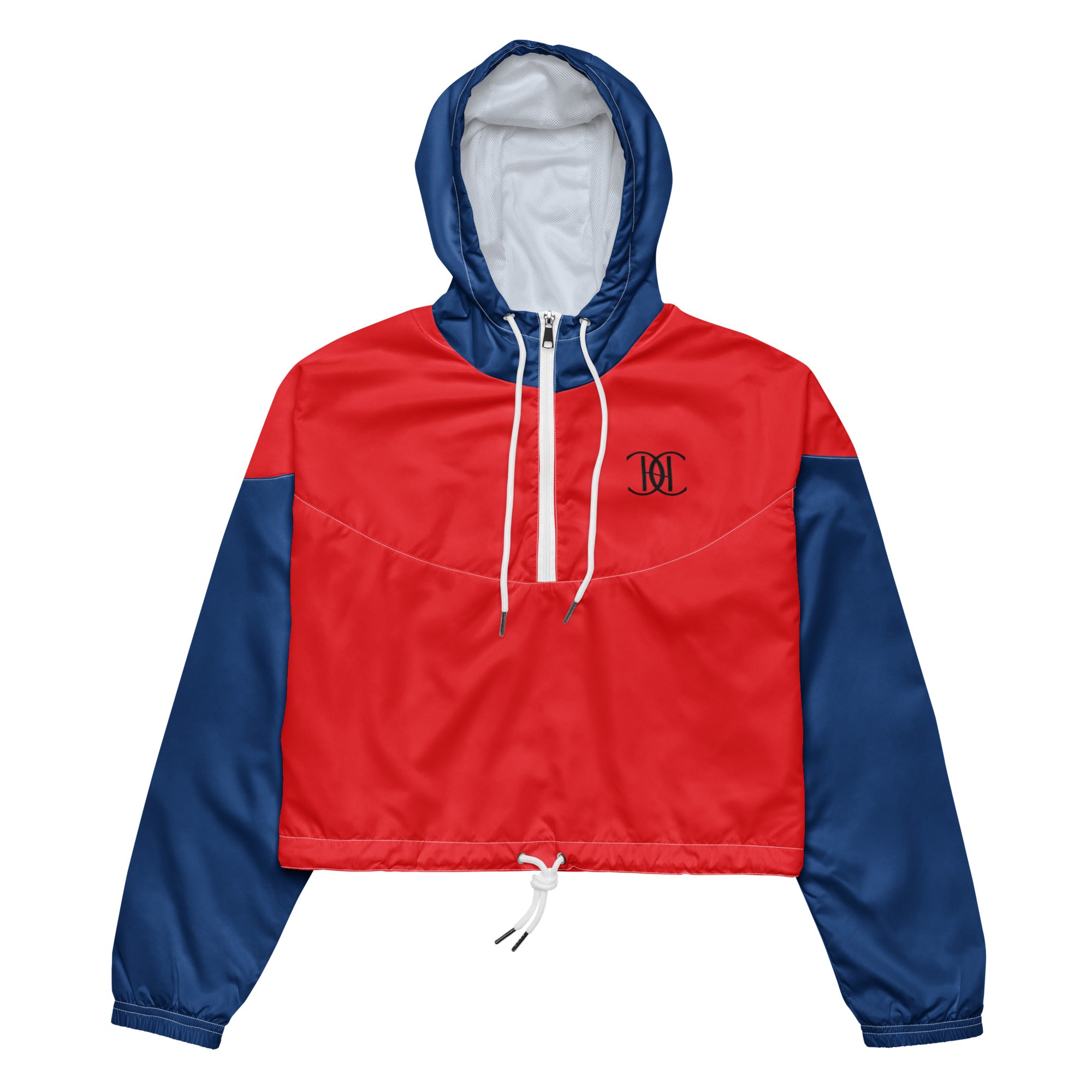 Cachy’s Urban red/blue cropped hooded jacket with minimalist black logo design