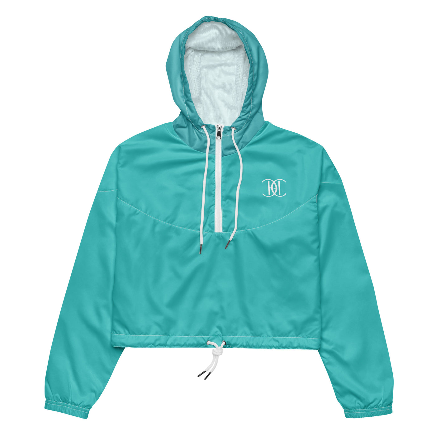 Cachy’s Urban blue cropped hooded jacket with minimalist black logo design