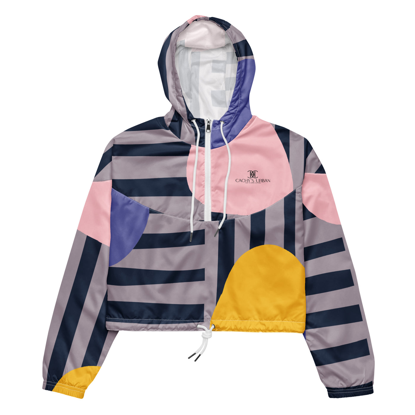 Cachy’s Urban cropped hooded jacket with bold striped and colour-block geometric design