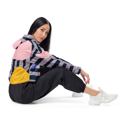 Cachy’s Urban cropped hooded jacket with bold striped and colour-block geometric design