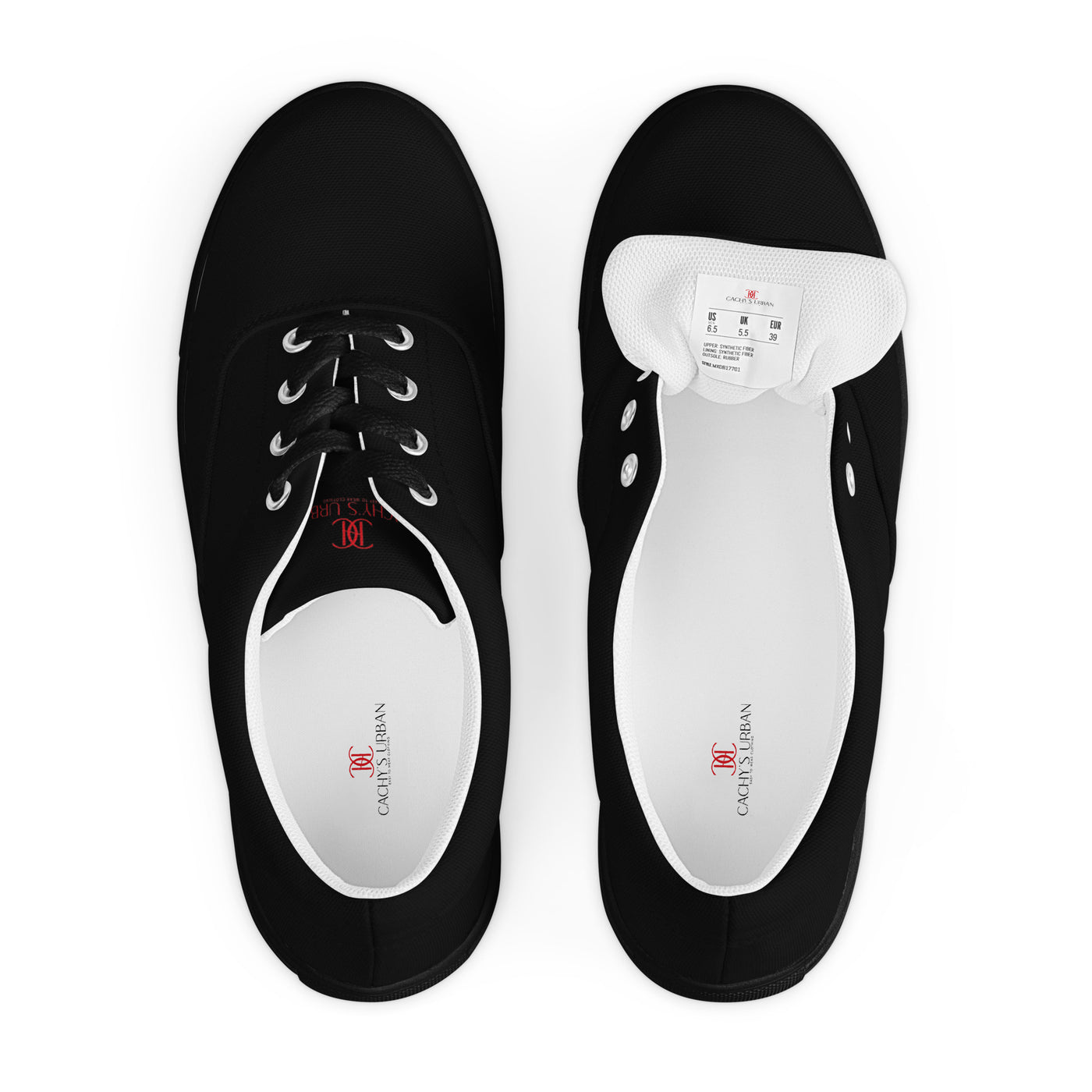 Black lace-up canvas sneakers with subtle red Cachy’s Urban logo on the tongue