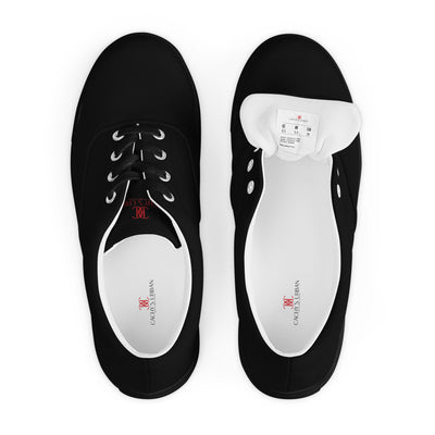 Black lace-up canvas sneakers with subtle red Cachy’s Urban logo on the tongue