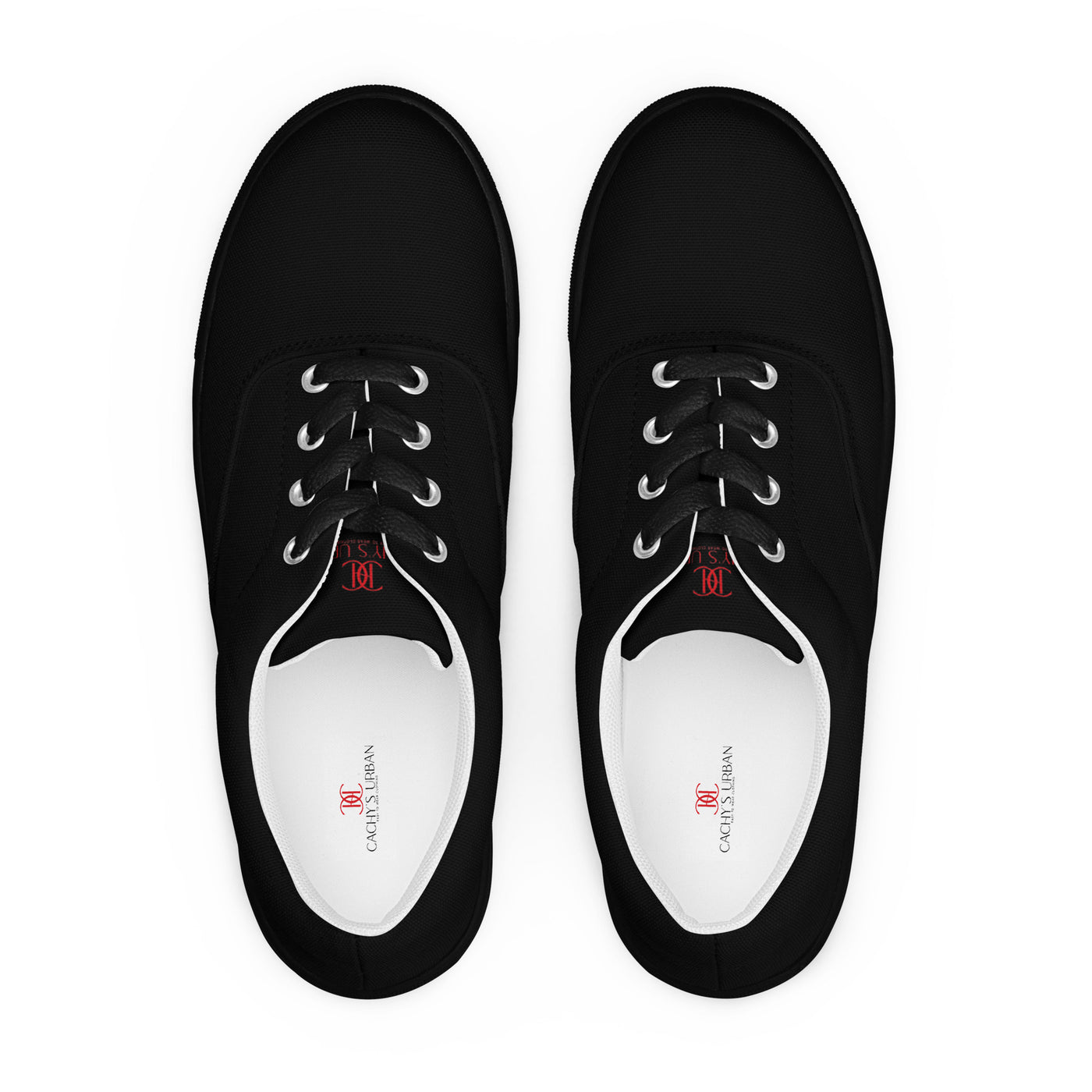 Black lace-up canvas sneakers with subtle red Cachy’s Urban logo on the tongue
