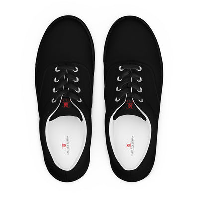 Black lace-up canvas sneakers with subtle red Cachy’s Urban logo on the tongue