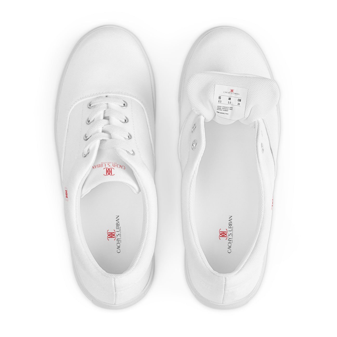 White lace-up canvas sneakers with red Cachy’s Urban logo on the side