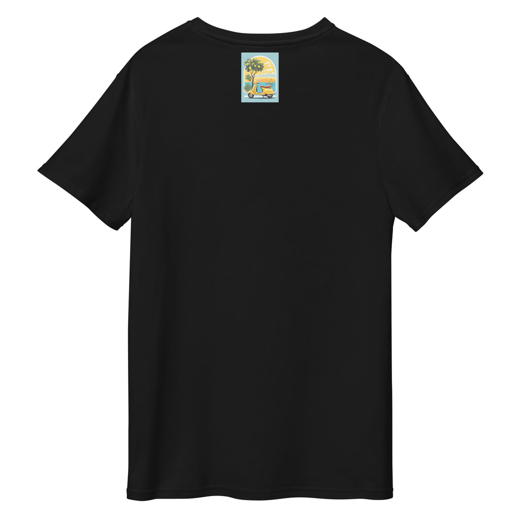 Cachy’s Urban black t-shirt with yellow scooter and coastal summer graphic print