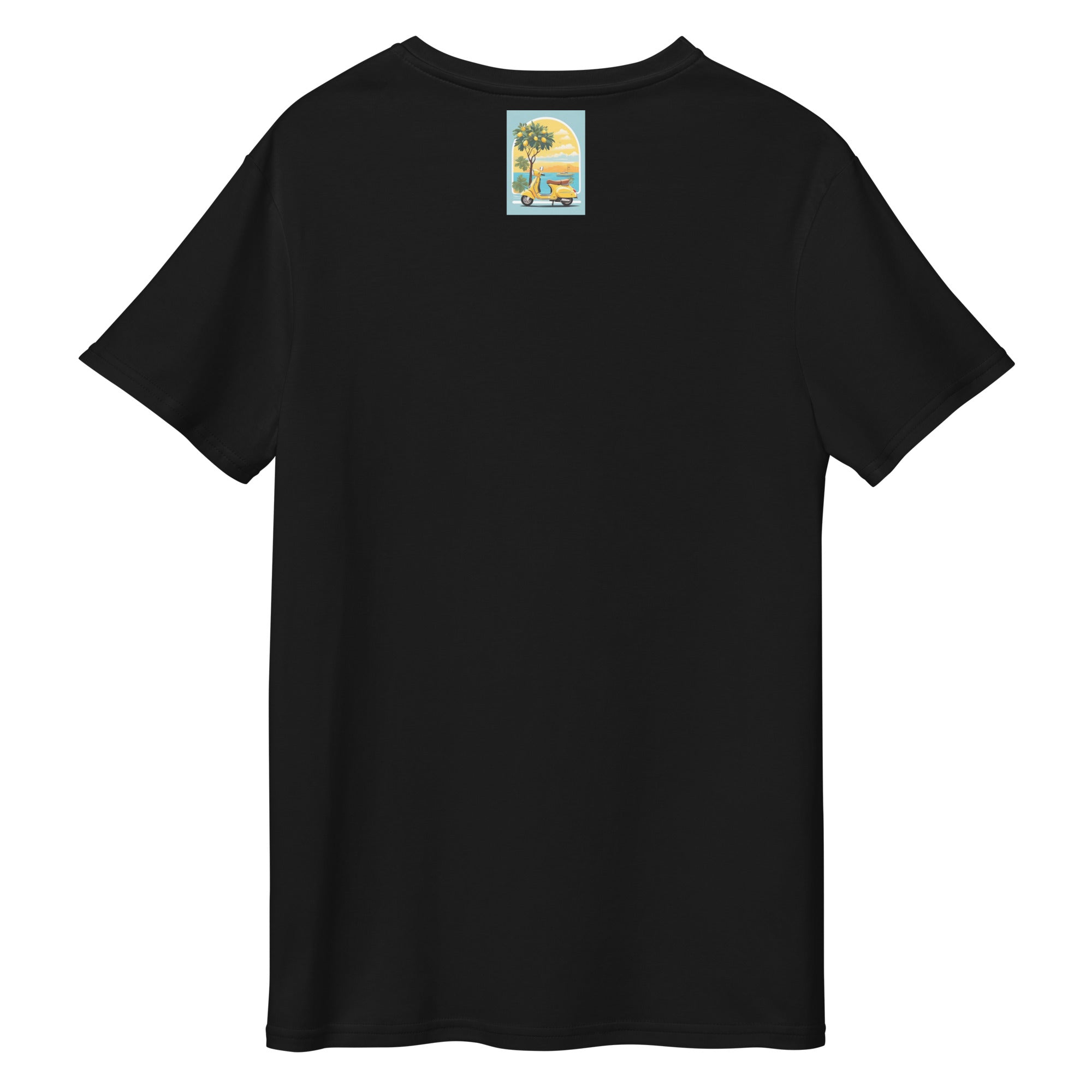 Cachy’s Urban black t-shirt with yellow scooter and coastal summer graphic print