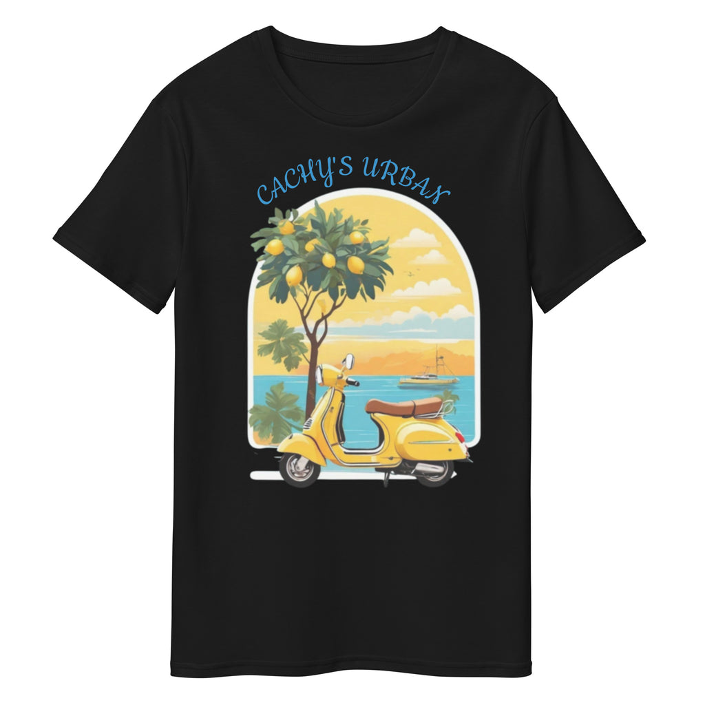 Cachy’s Urban black t-shirt with yellow scooter and coastal summer graphic print