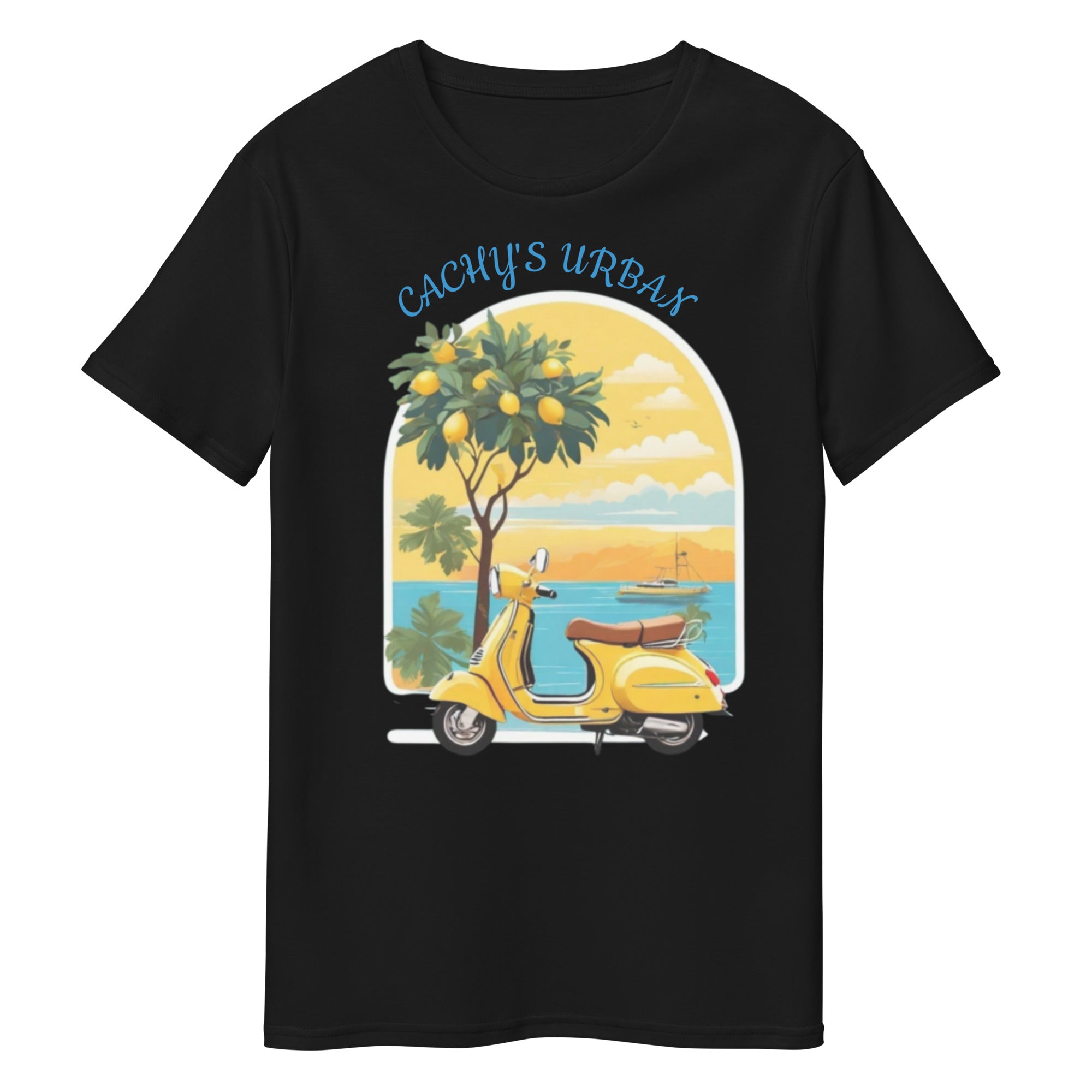Cachy’s Urban black t-shirt with yellow scooter and coastal summer graphic print
