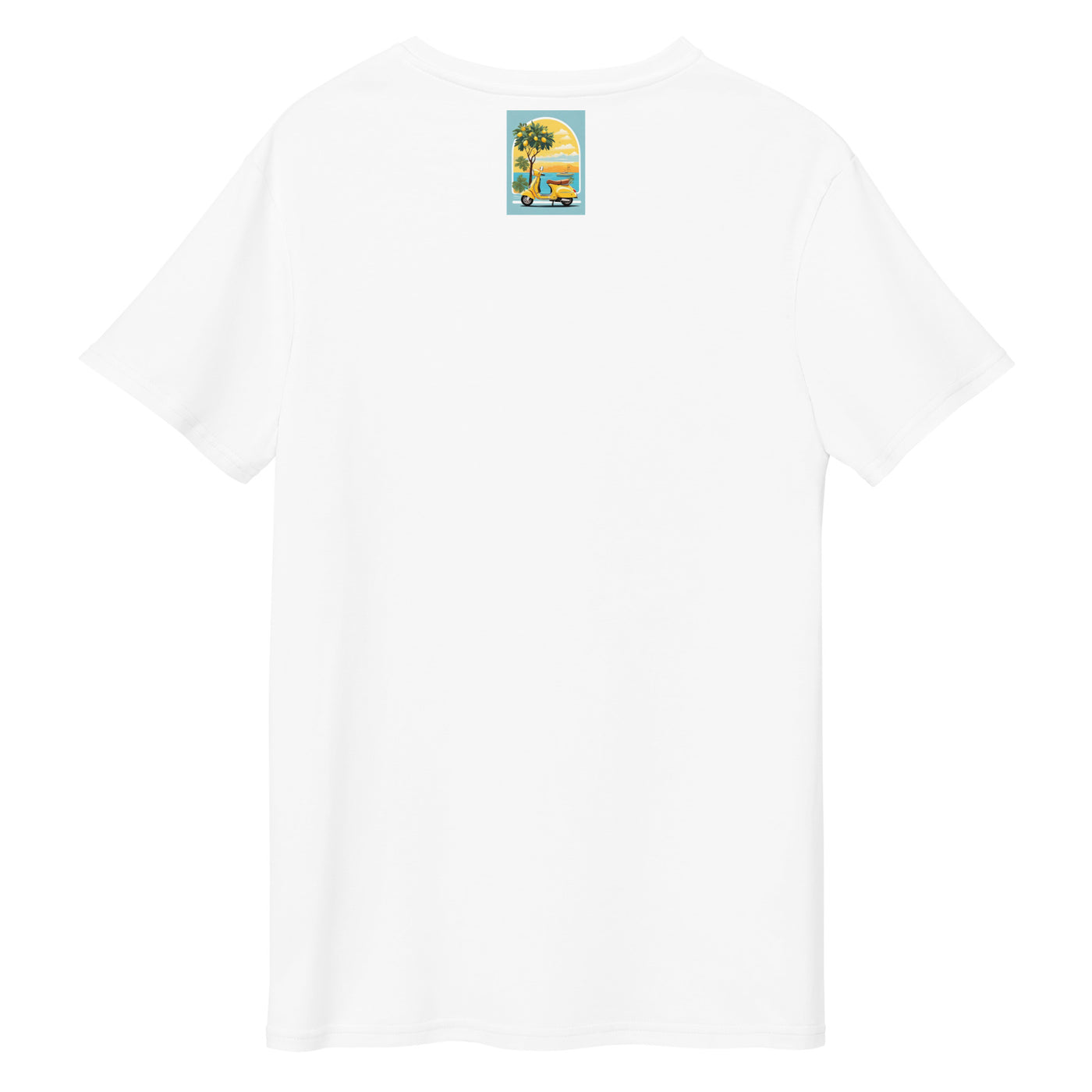 Cachy’s Urban white t-shirt with yellow scooter and coastal summer graphic print