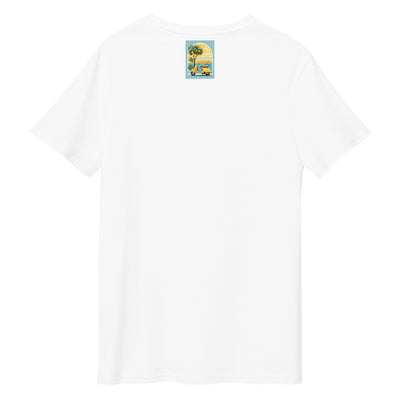 Cachy’s Urban white t-shirt with yellow scooter and coastal summer graphic print