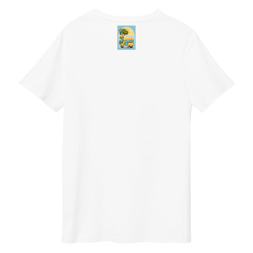 Cachy’s Urban white t-shirt with yellow scooter and coastal summer graphic print