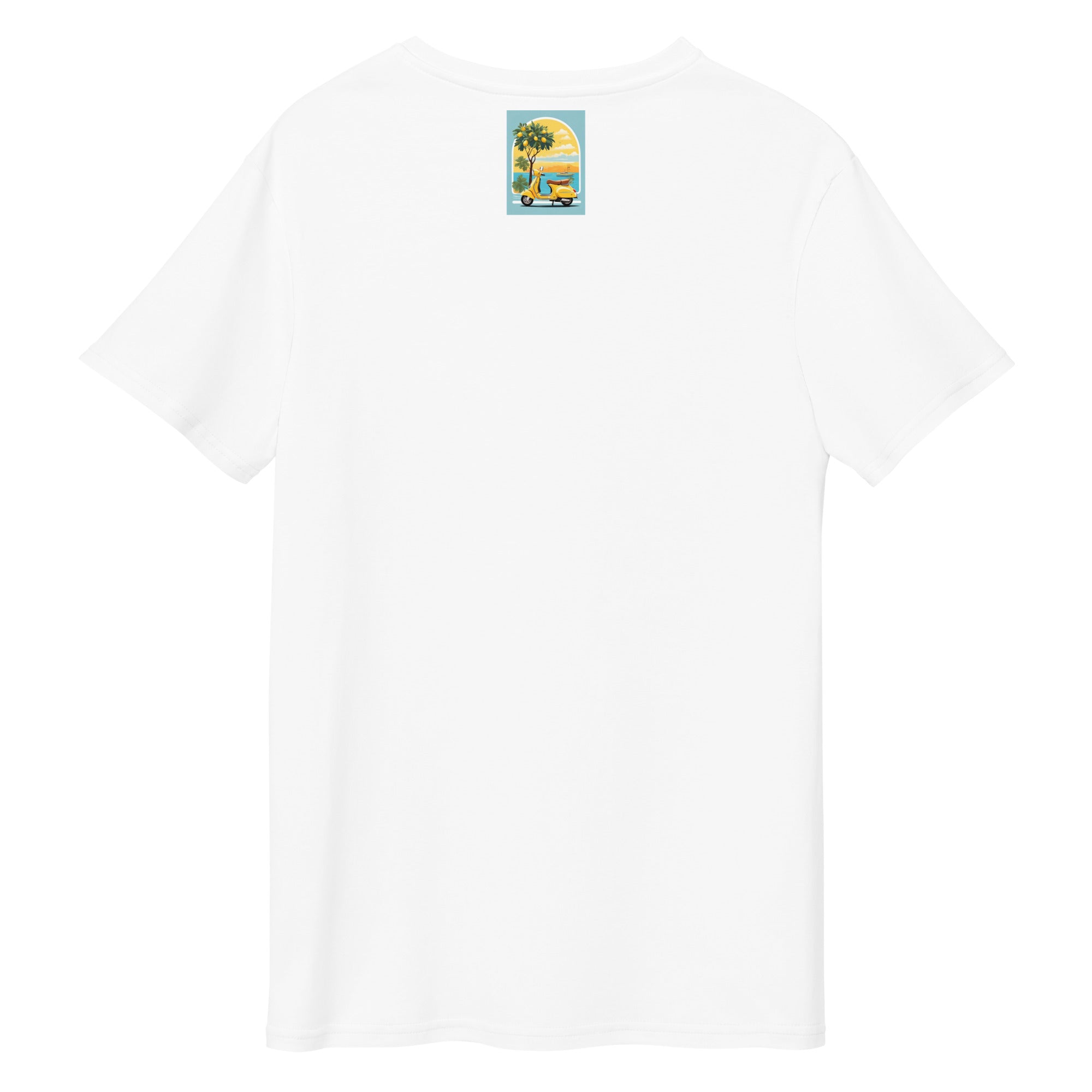Cachy’s Urban white t-shirt with yellow scooter and coastal summer graphic print