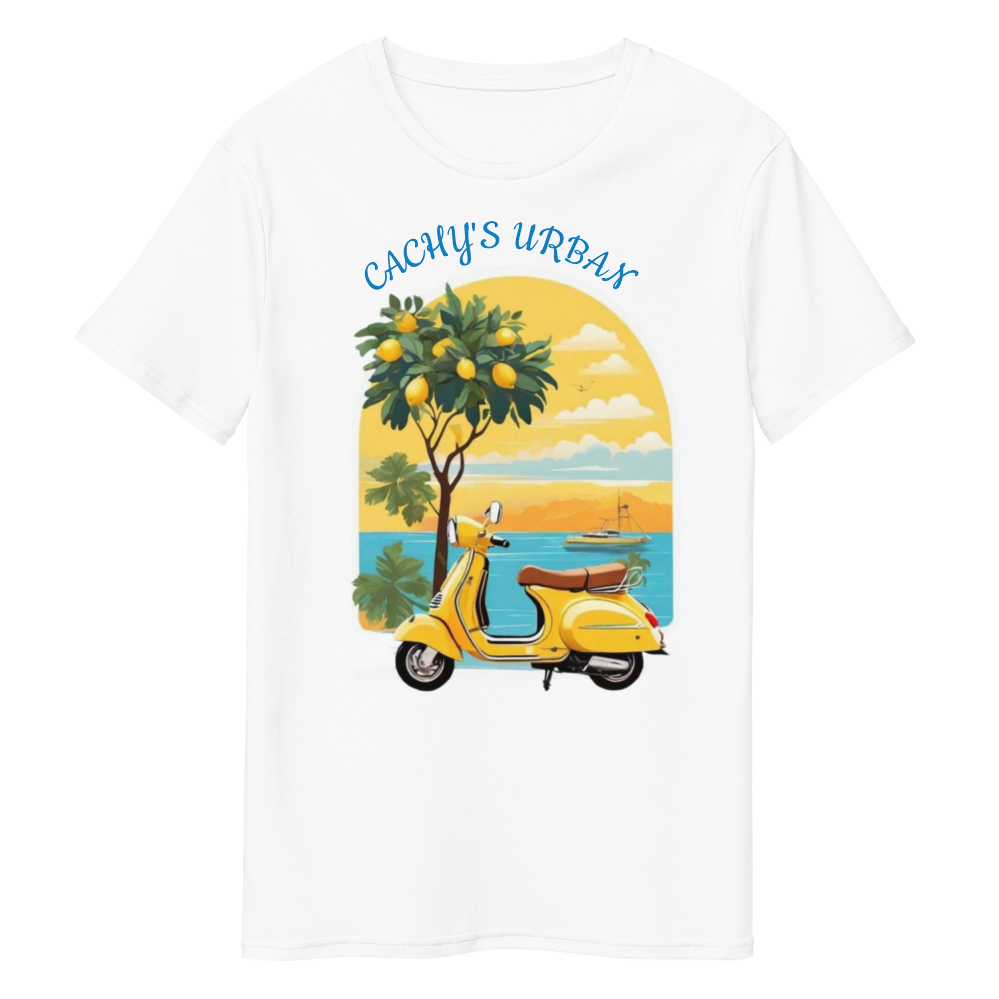 Cachy’s Urban white t-shirt with yellow scooter and coastal summer graphic print