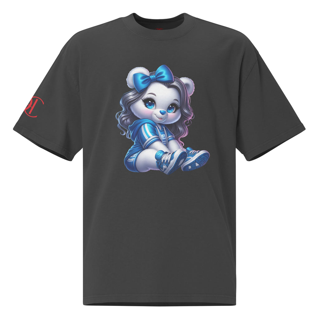 oversized faded black t-shirt with blue teddy bear graphic on front
