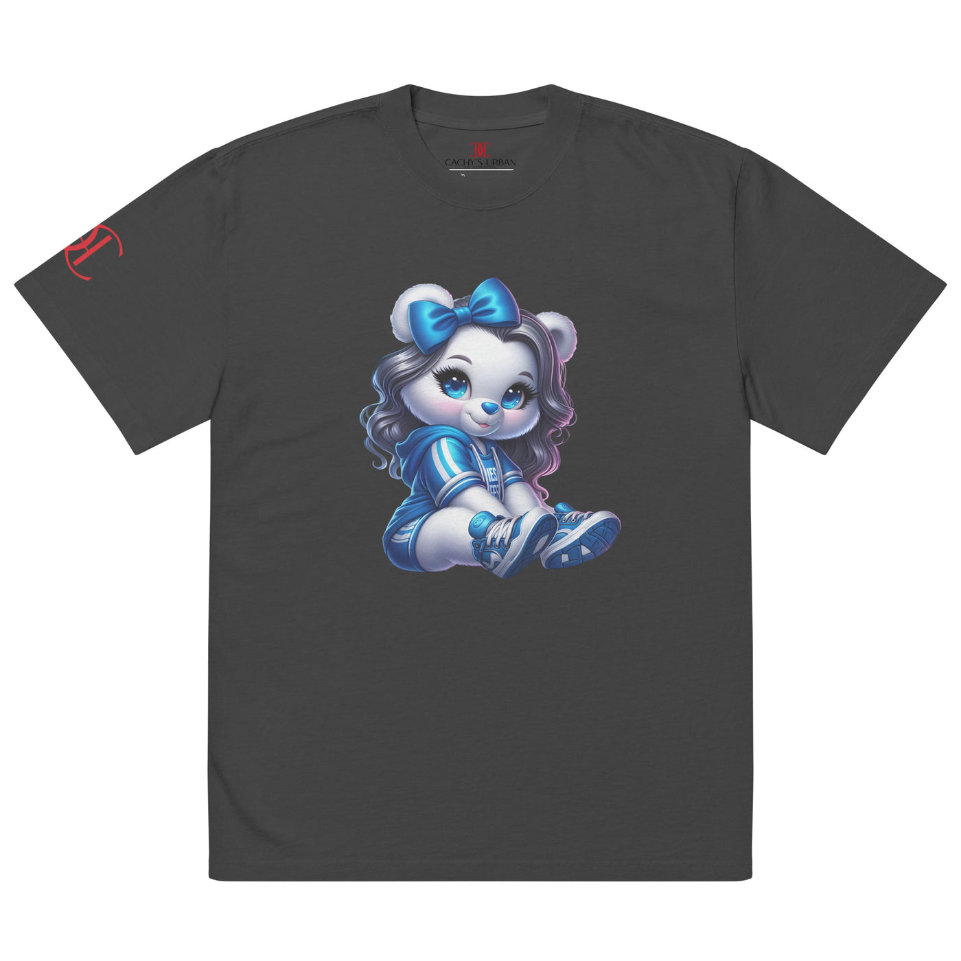 Camiseta oversized negra estilo faded, vista frontal con estampado gráfico de oso azul