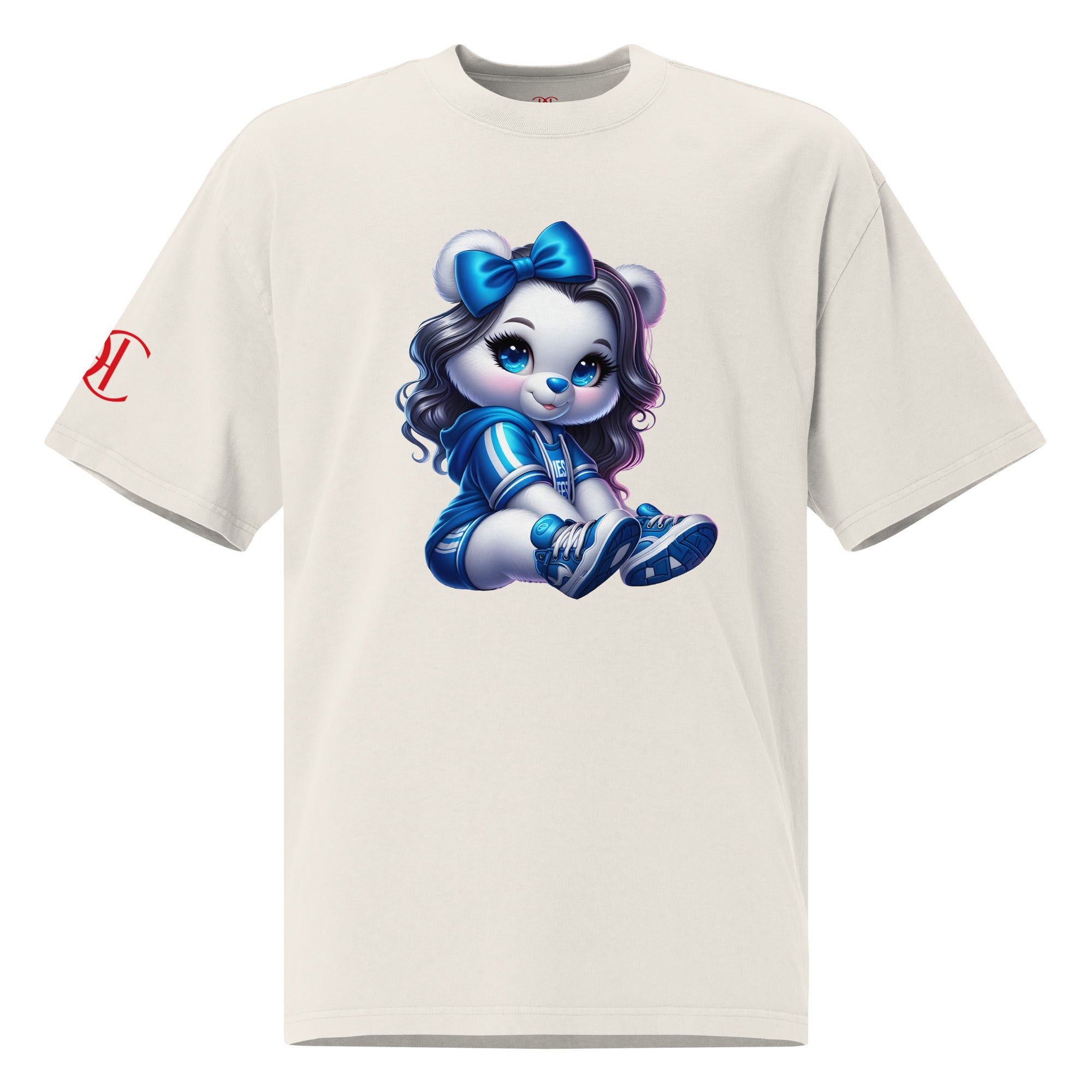 Camiseta oversized color hueso con estampado de oso azul en el frente – Cachy’s Urban
