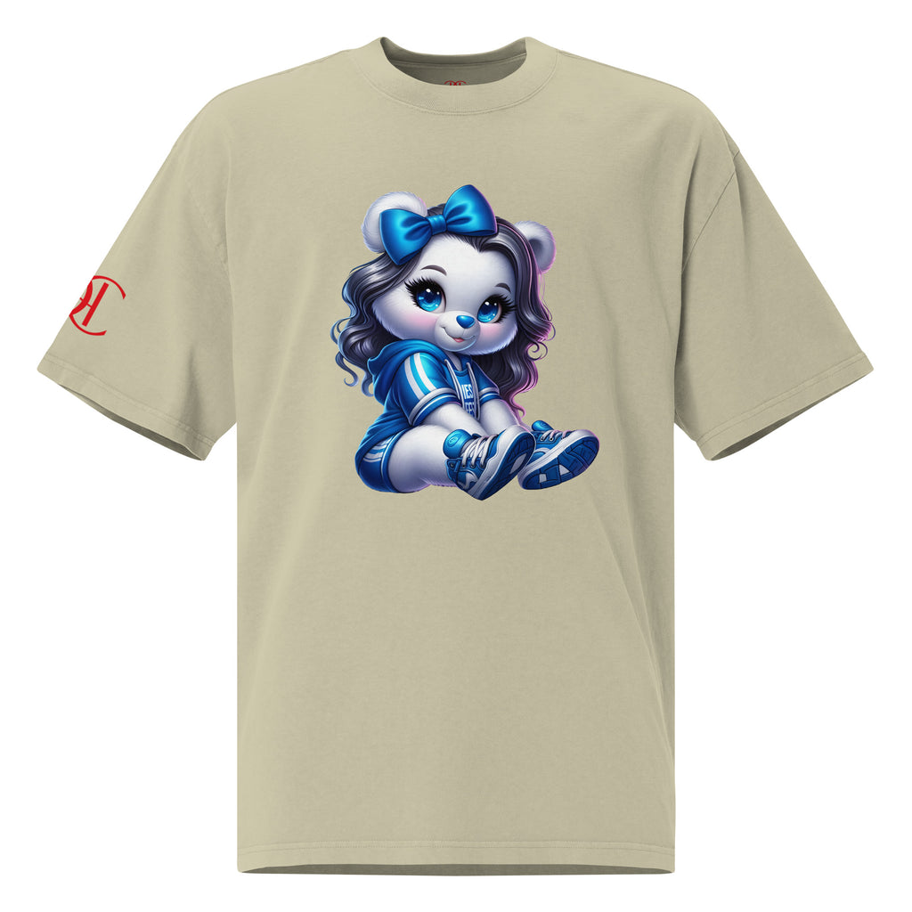 Camiseta oversized color beige putty con estampado de oso azul en el frente – Cachy’s Urban