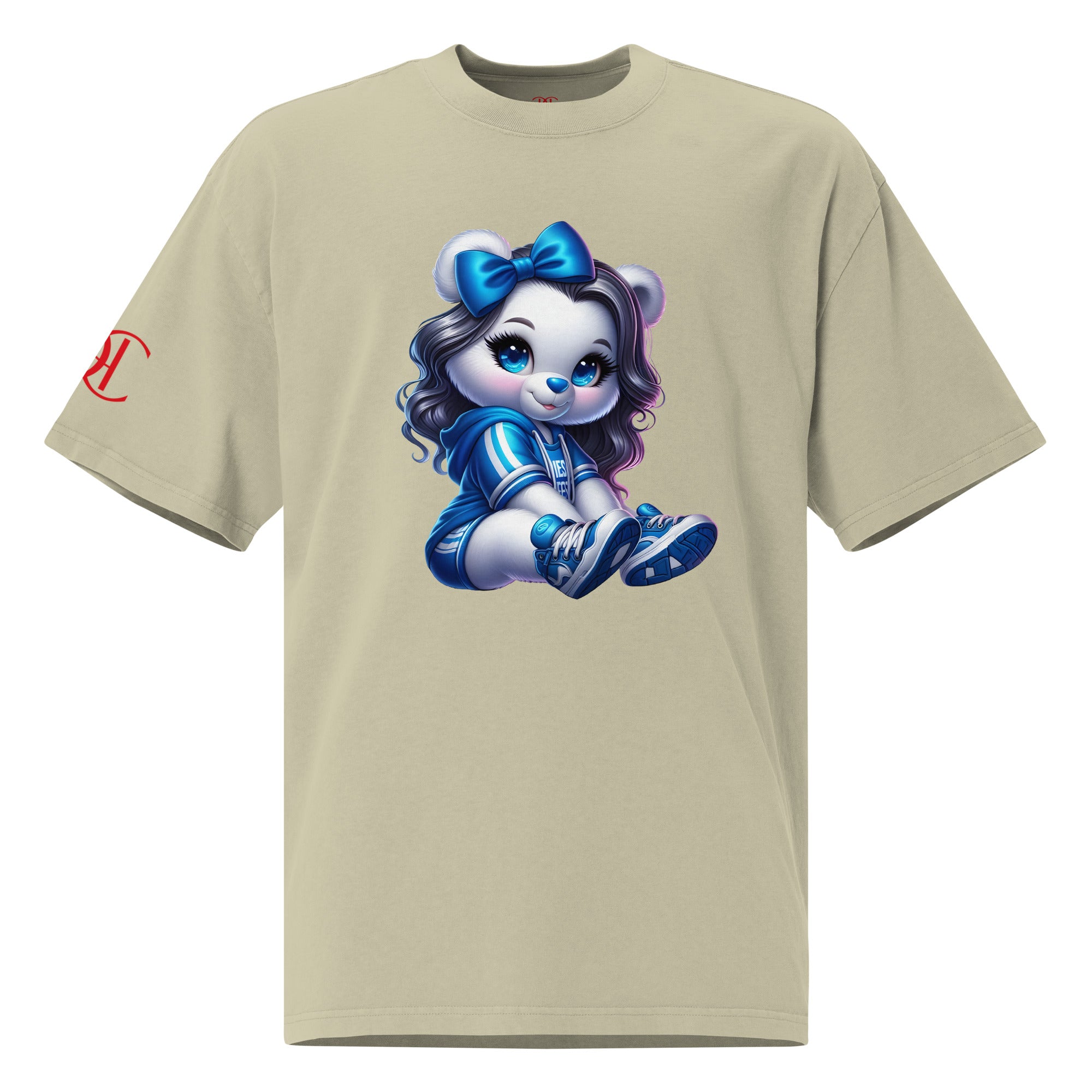 Camiseta oversized color beige putty con estampado de oso azul en el frente – Cachy’s Urban