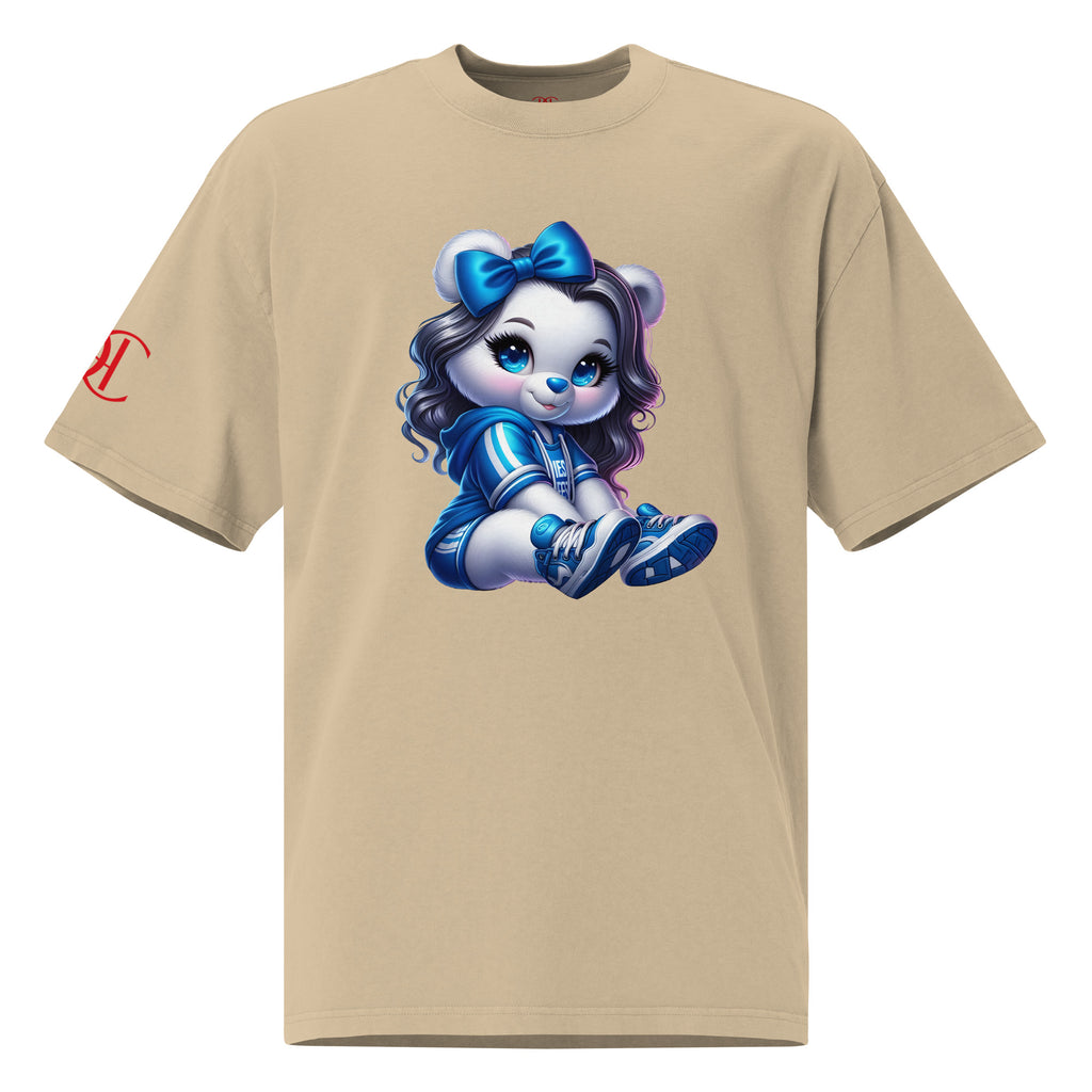 Camiseta oversized color caqui con estampado de oso azul en el frente – Cachy’s Urban