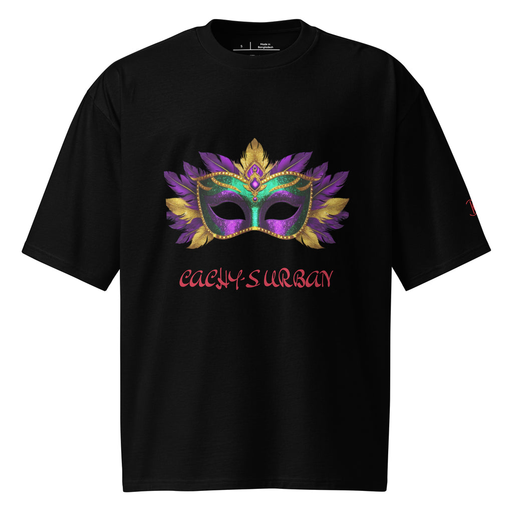 Cachy’s Urban black t-shirt with colourful carnival mask graphic and red logo text