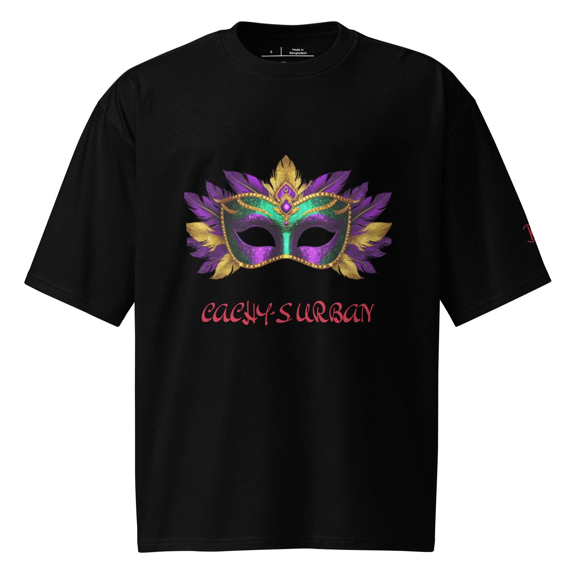Cachy’s Urban black t-shirt with colourful carnival mask graphic and red logo text