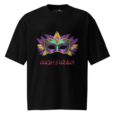 Cachy’s Urban black t-shirt with colourful carnival mask graphic and red logo text