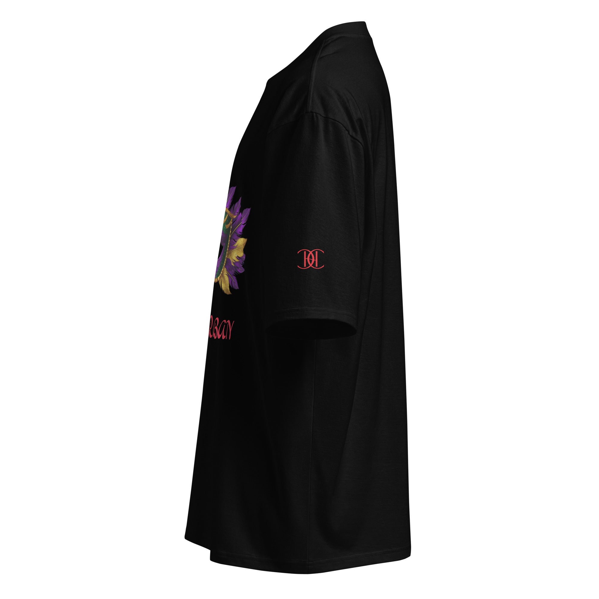 Cachy’s Urban black t-shirt with colourful carnival mask graphic and red logo text