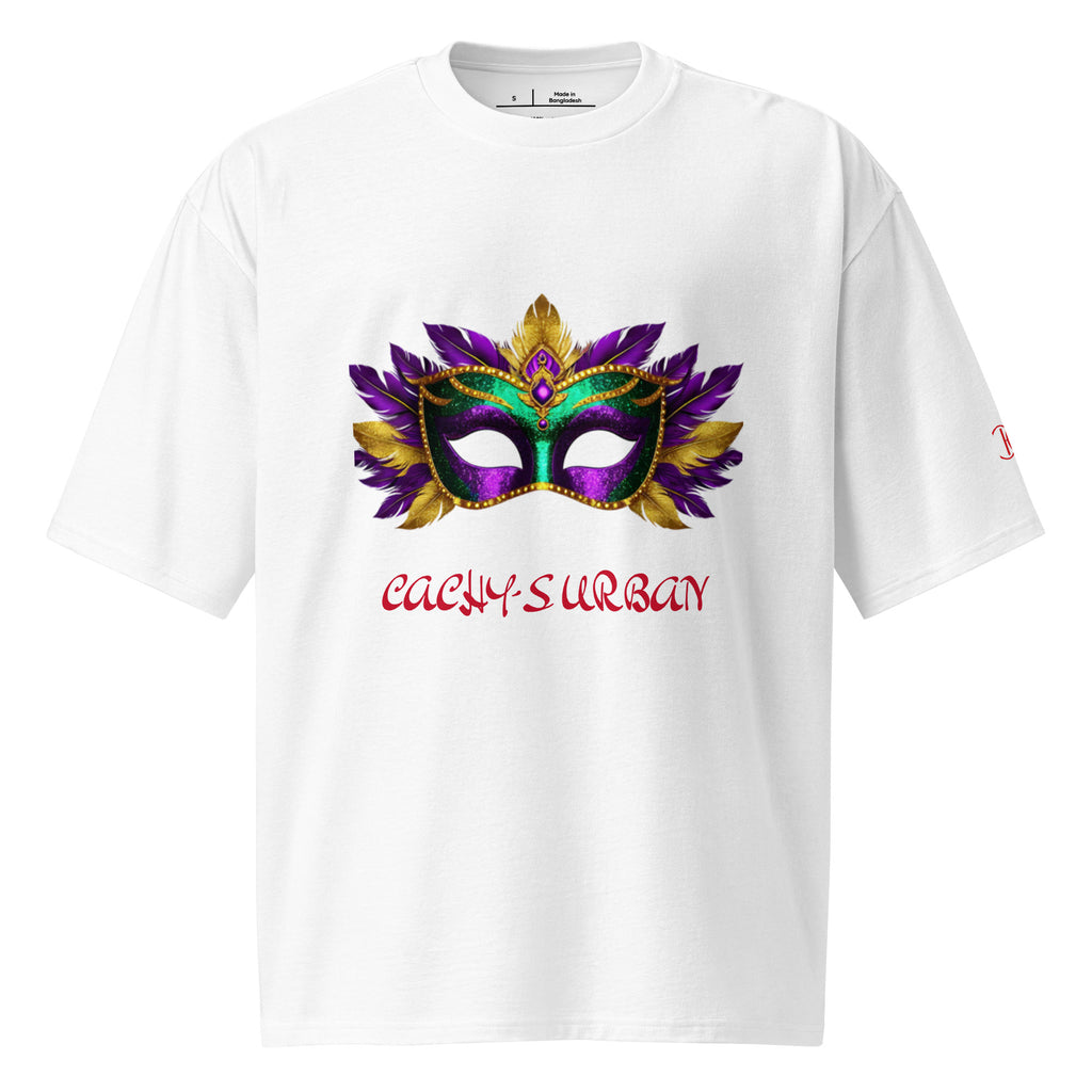 Cachy’s Urban white t-shirt with colourful carnival mask graphic and red logo text