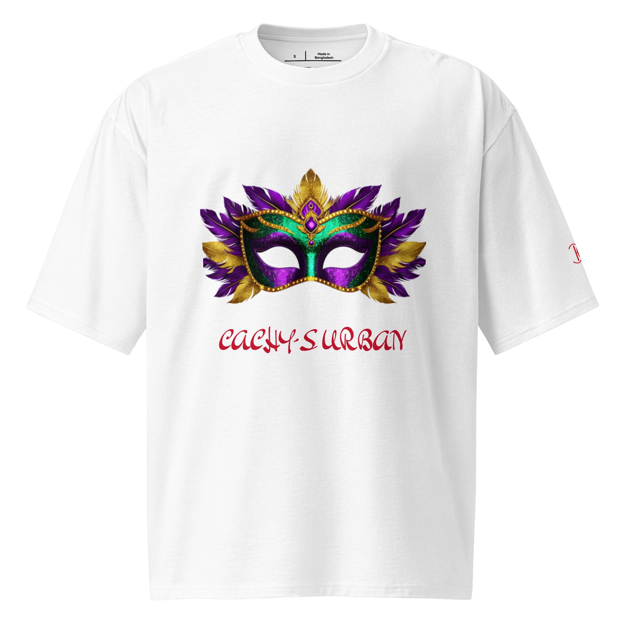 Cachy’s Urban white t-shirt with colourful carnival mask graphic and red logo text