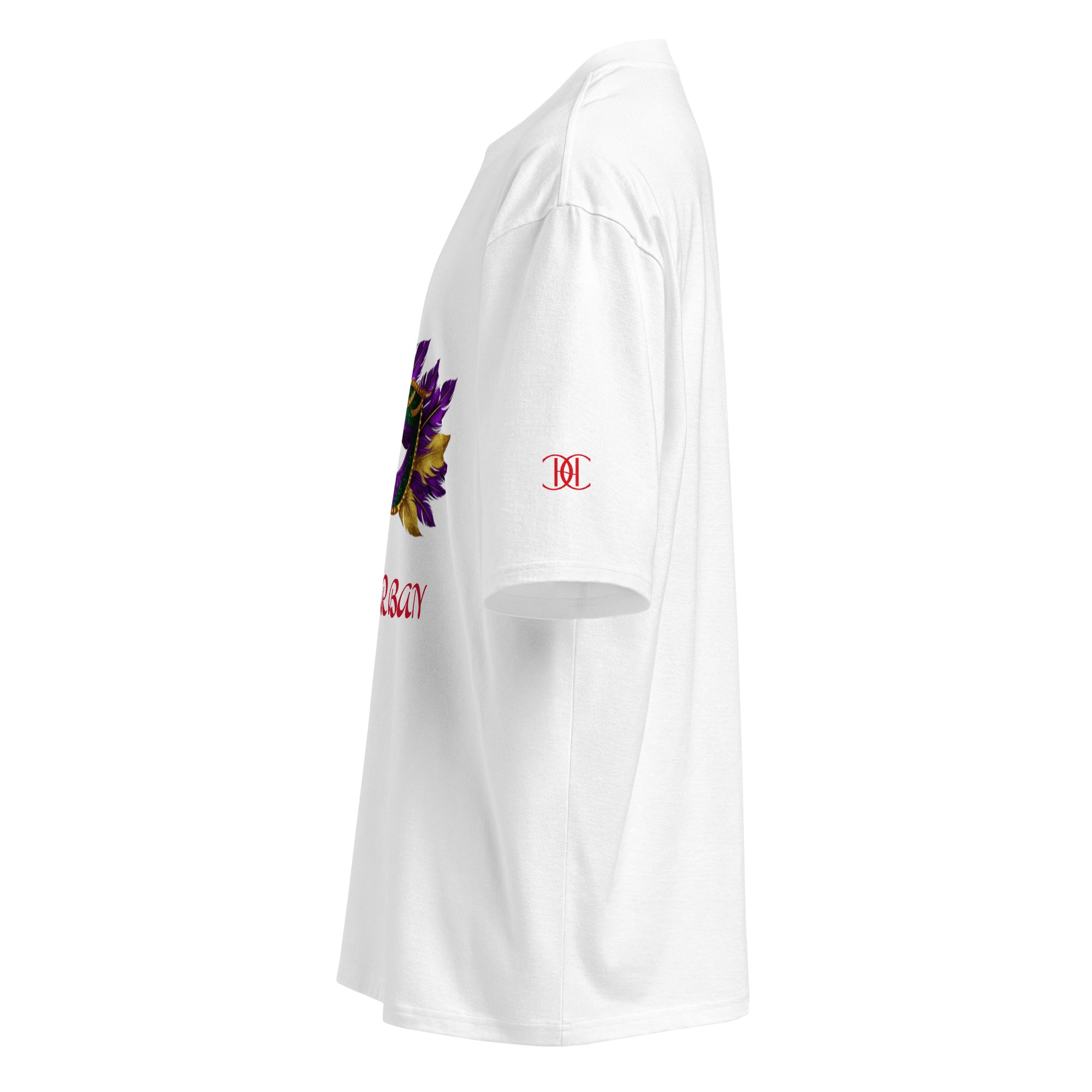 Cachy’s Urban white t-shirt with colourful carnival mask graphic and red logo text